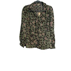 Jodifl Womens M Leopard Print Top Green Pink Button-Up Long Sleeves Pullover NEW